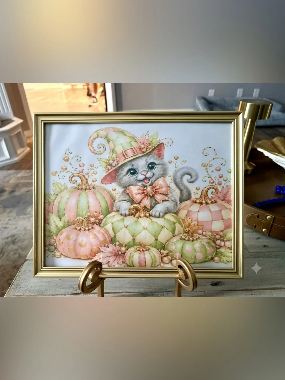 Iconic Checkered Pastel Pumpkin Kitten Framed 8x10 Art Print - Pink & Green